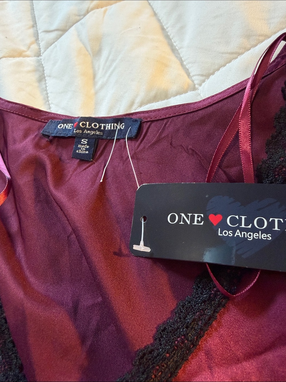 ONE Clothing Wine Satin Slip with Black Lace Trim